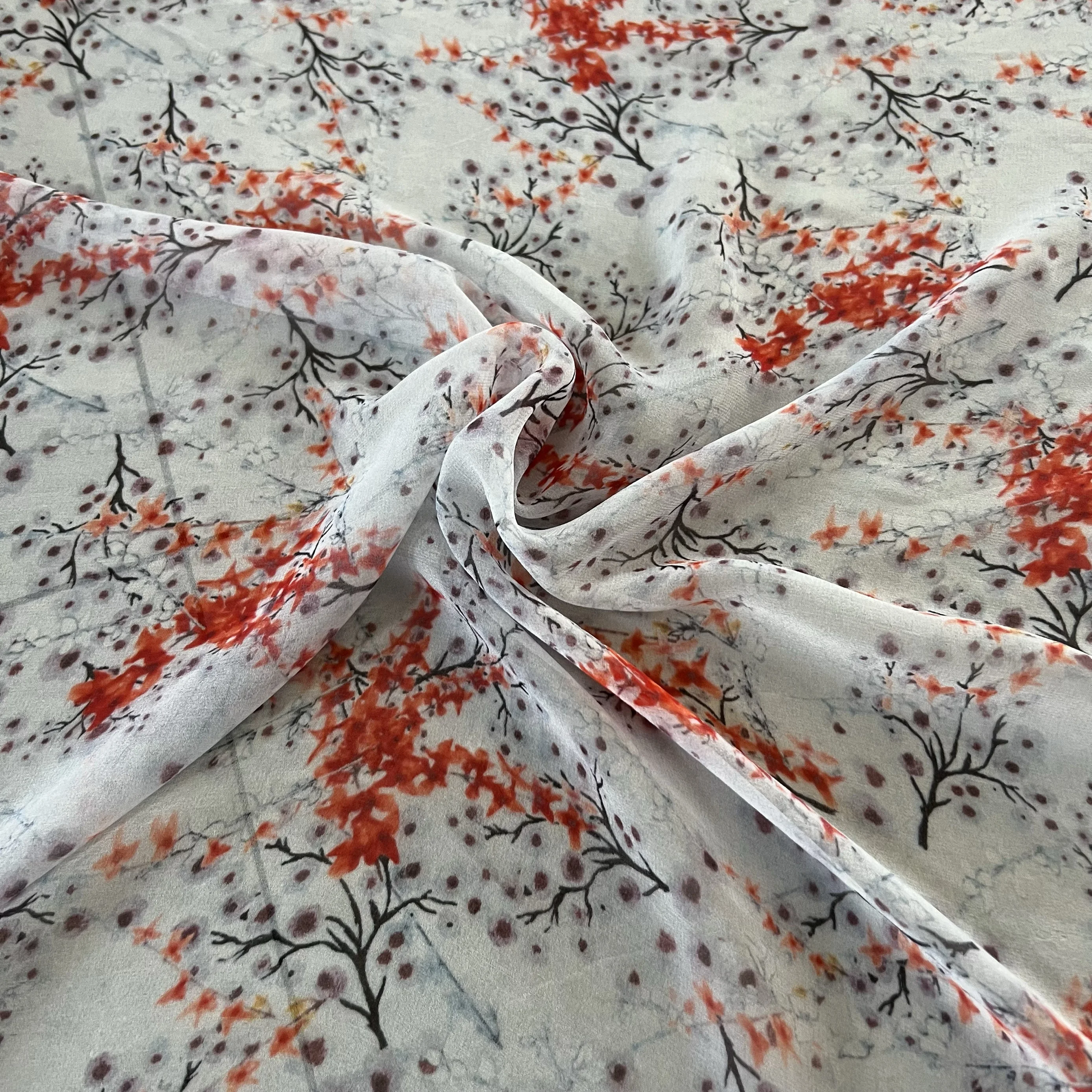 1 meter 100% Mulberry Silk 12 momme Thin Georgette Silk Fabric White with Red Floral Printed 138cm 54