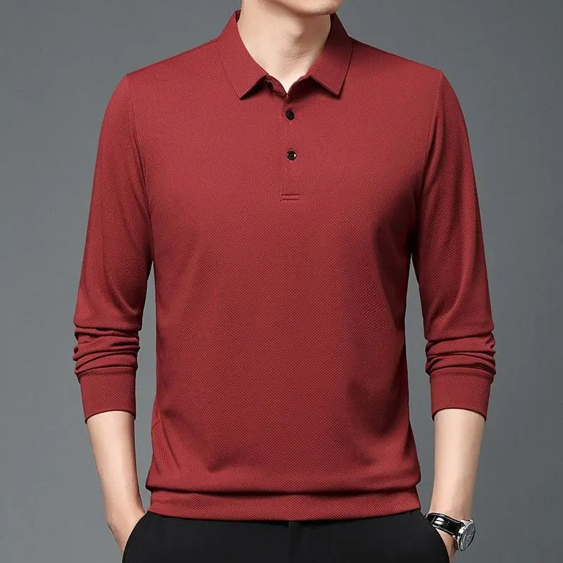 

Business Casual Men Thin Polo Shirts Spring Autumn New Lapel Solid Button Waffler Trend Fashion Office Social Long Sleeve Tops