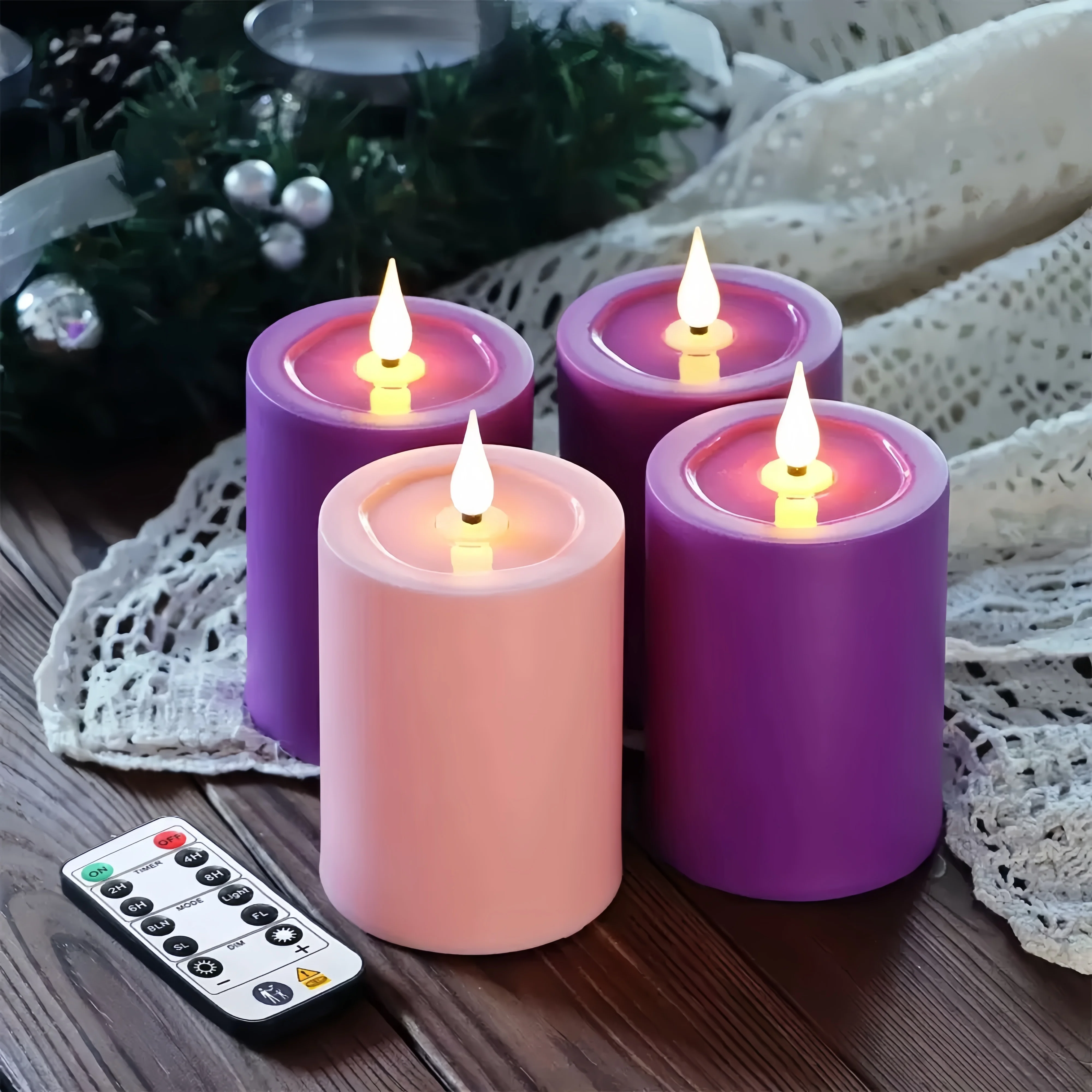

Набор из 4 беспламенных розовых и фиолетовых свечей на столбе с батарейным питанием. Светодиодный светильник с дистанционным управлением и таймером. Клубный церковный домашний венок.