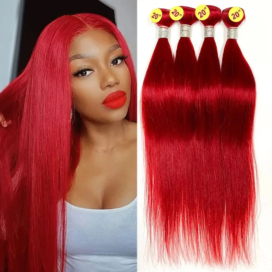 Mechones rectos rojos con cierre 4*4 con pelo de bebé tejido de cabello humano brasileño de encaje transparente 4 mechones con cierre de encaje