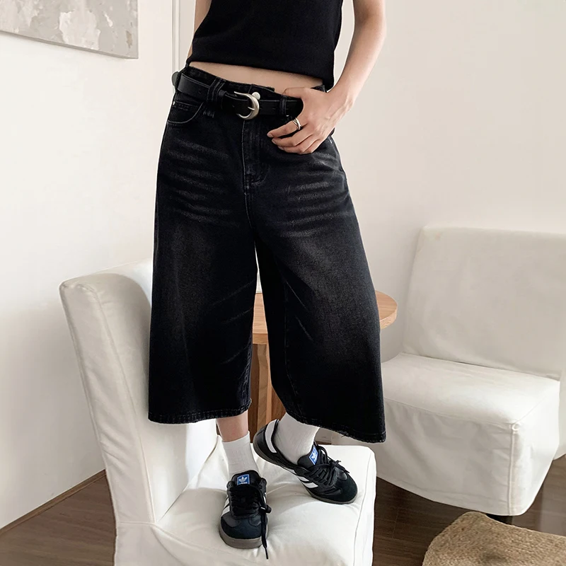 Short Baggy en Denim Noir pour Femme, Pantalon Court à Jambes Larges, Taille Haute, Délavé Foncé, Longueur Genou, Décontracté, à la Mode, Y2k