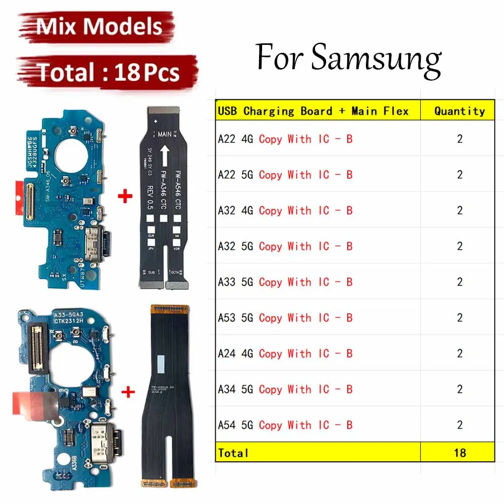 18Pcs, New USB Charging Port Dock Charger Connector Main Board Flex Cable For Samsung A22 A32 A52 A72 A33 A53 A24 A34 A54 4G 5G