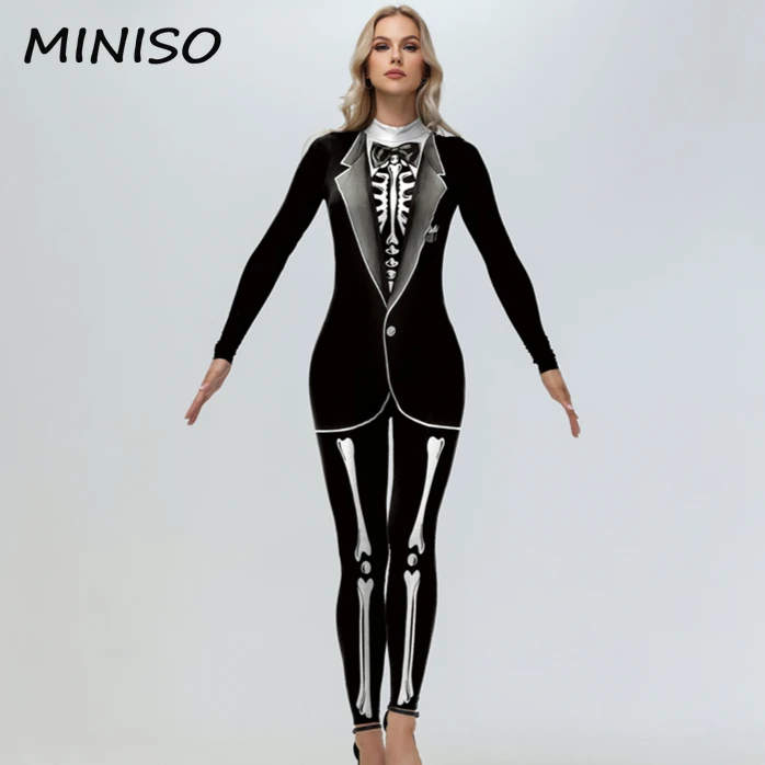 MINISO Halloween Party Costume Fancy Skeleton Printed Jumpsuits Outsuit Party Wear Long Sleeve Cosplay Costume Zentai Suit