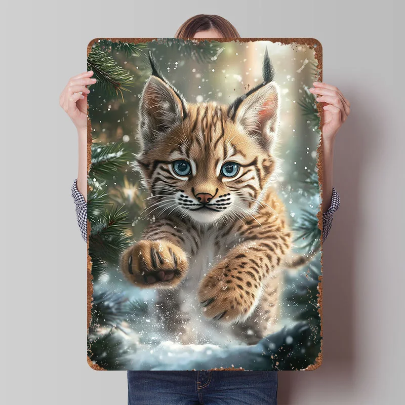Cute Lynx Kitten in Snow Poster Customized Wall Art Vintage Metal Signs Retro Tin Plaque for Man Cave Living Room Decoration