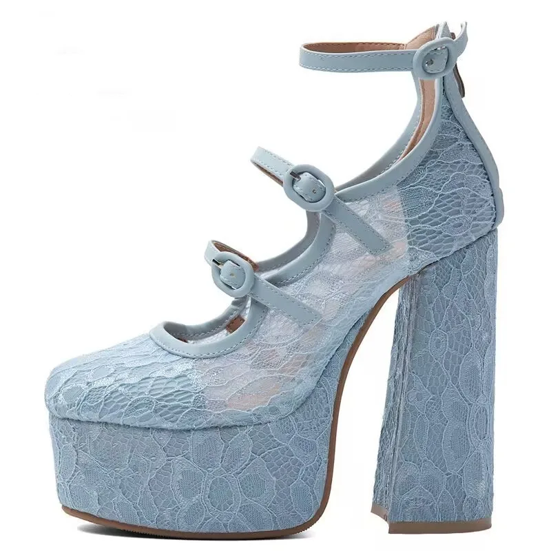 DIZHUANG Sexy women's high heels. Light blue mesh single shoes About 15cm heel height Round toe shoes Buckle shoes Summer shoes - view 3