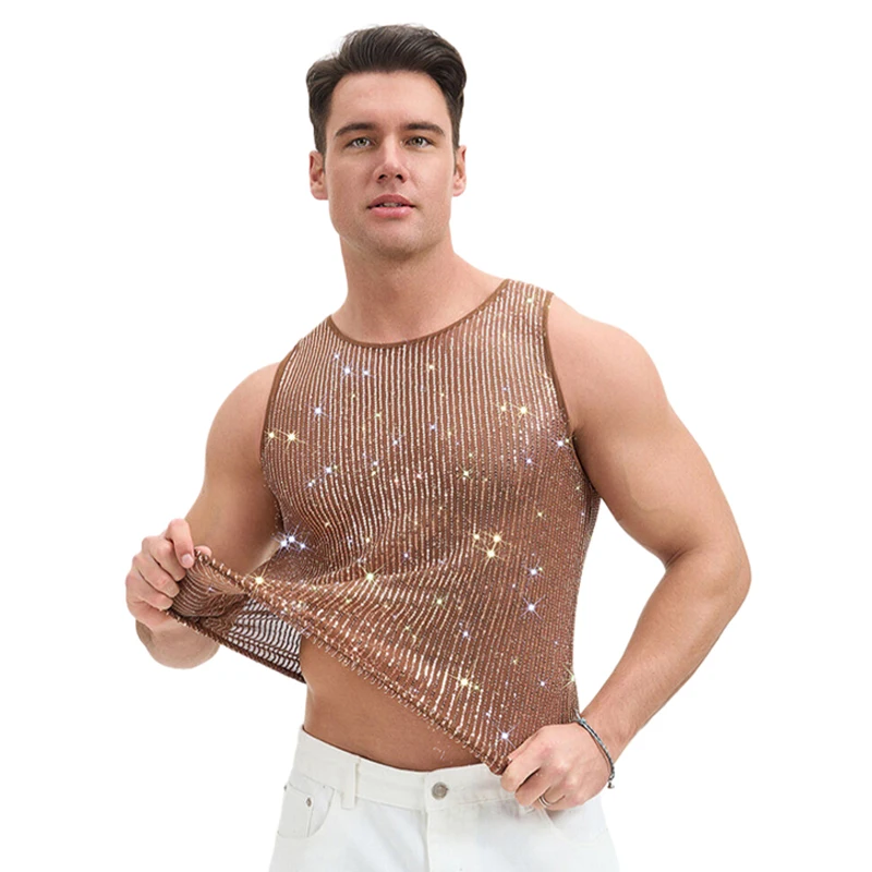 Herren-Netz-Strass-Y2K-Tanktop, durchsichtig, glitzernd, Party-T-Shirt, Nachtclub, Musikfestival, Bühnenkostüm – Detail 5