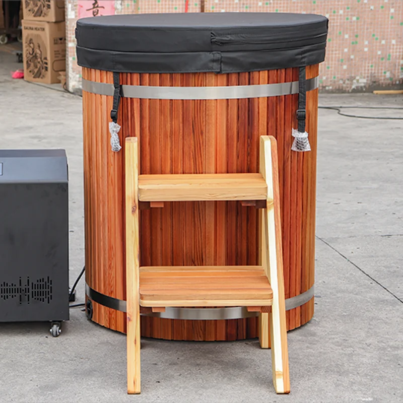 High Quality Custom 304 Stainless Steel Round Barrel Cold Bathtub Red Cedar Wooden Cold Water Bathtub Spa Recovery Cold Plunge