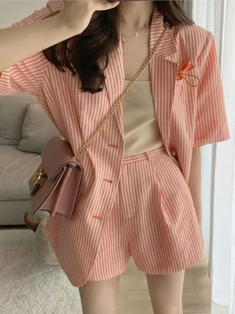 Women Casual Loose Blazer Shorts Suit Spring Summer New Fashion Vintage Stripe Short Sleeve Coat Female Clothes Two Pieces Set