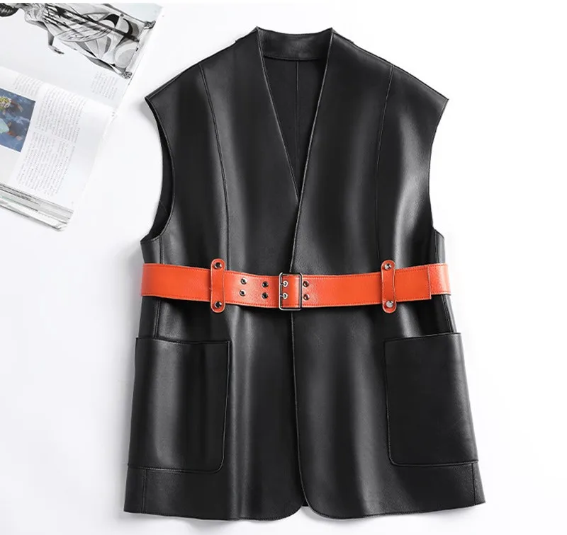 Gilets à col en V en cuir de mouton véritable pour femmes, gilet de créateur, ceinture, haute qualité, tout neuf, printemps, 2023, B773