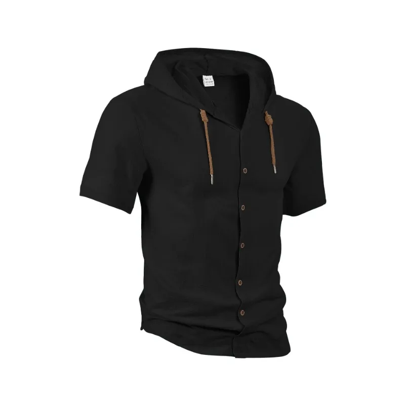 2025 Men's Linen Shirt Summer Short Sleeve Hooded Casual Jacket Breathable Outdoor Tops Jackets