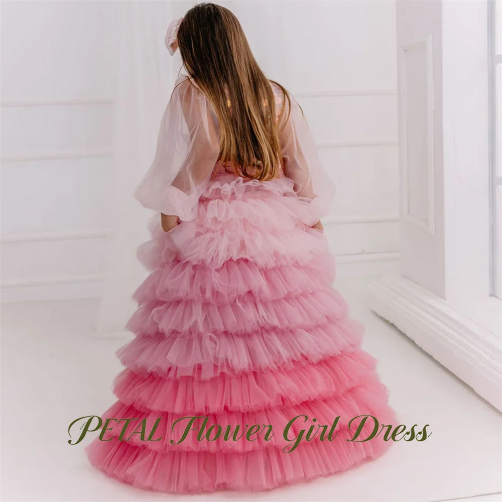 Petal Ombre Pink Princess Girls Dress Iridescent Sequin Ball Gown Party Tutu Dresses Round Neck Two Piece Tutu Fluffy Prom Gown