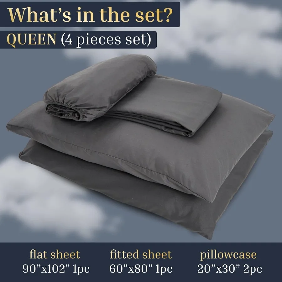 طقم ملاءات سرير مقاس كوين 4 قطع لغرف النوم الحديثة تتضمن ملاءة مسطحة 90 × 102 بوصة ملاءة مقاس 60 × 80 بوصة كيس وسادتين 2