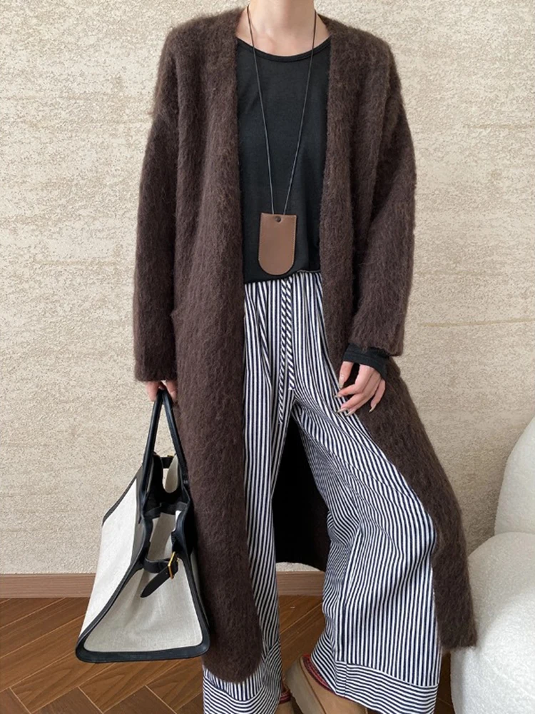 [LANMREM] Thick Warm Knit Cardigan Coats For Women Office Lady Long Outwear Minimalism Female Clothing 2024 Winter New 26C847