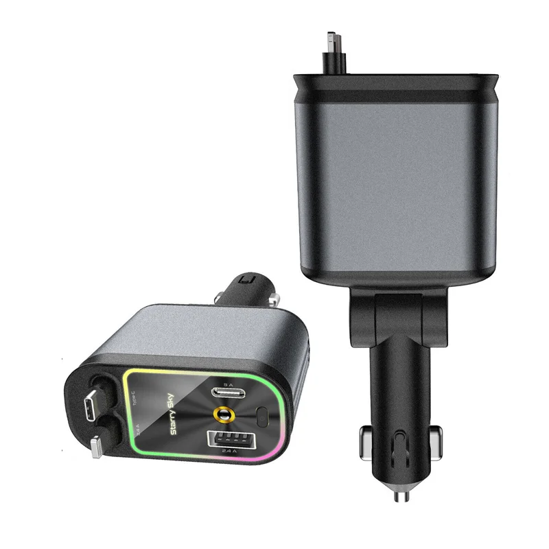 Supersnelle autotelefoonoplader, 120 W autotelefoonoplader met intrekbare kabels USB en Type-C-poort, 4 IN 1 intrekbare autolader