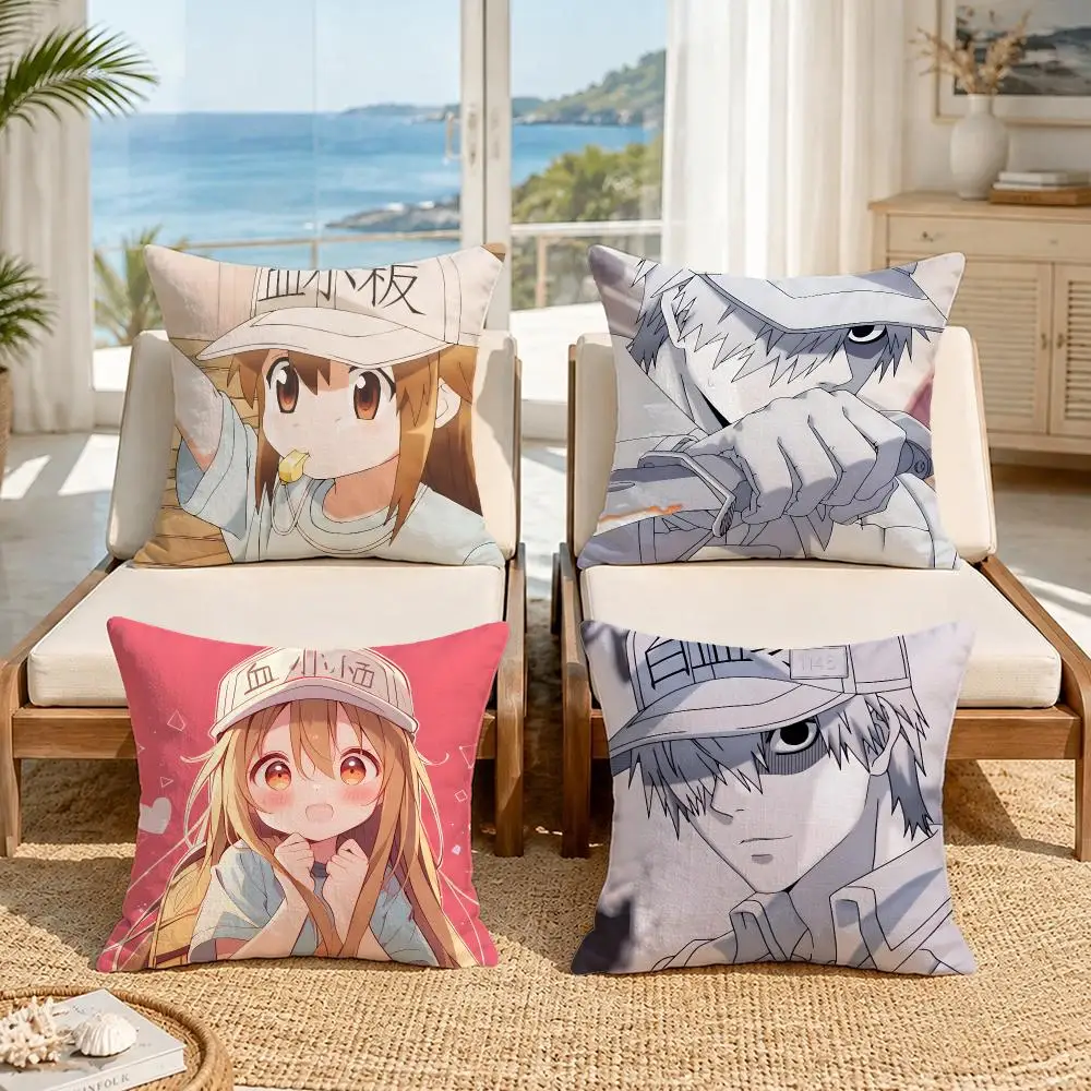 Anime Cells at Work Cushion Cover Premium Skin‑Friendly Short Plush Pillow Cover, Airy Casual Cushion for Hotel Homestay