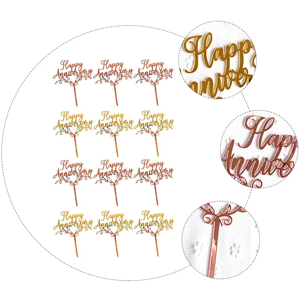 

12pcs Anniversary Cake Topper Decorative Inserts for Wedding Party Baking Celebration Romantic Cupcake Props Glitter Card Stock