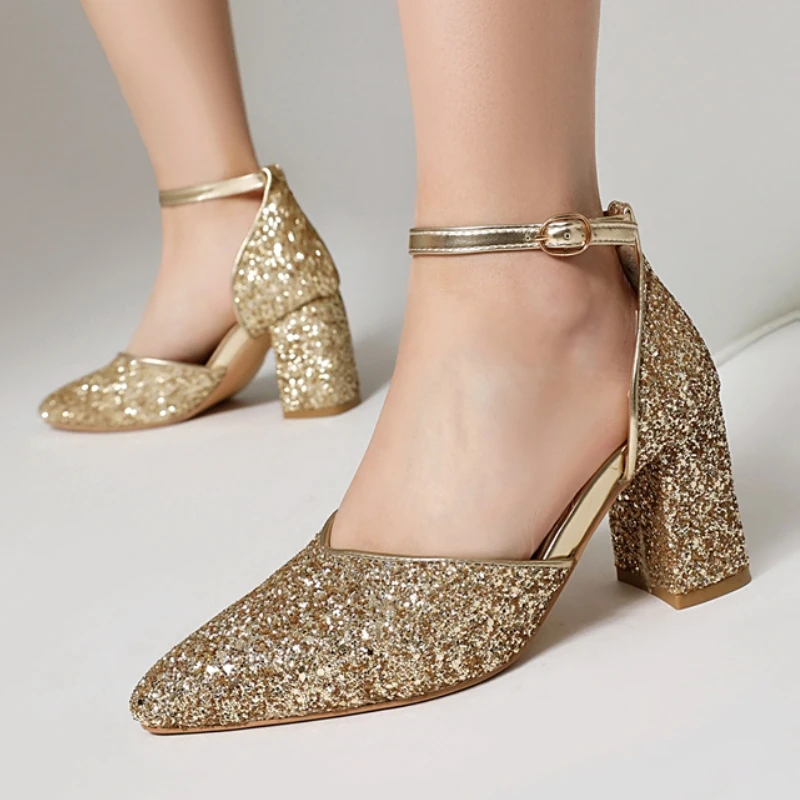 Luxury Women's Gold High Heels Pumps Shoes 2026 Summer Big Size 48 Elegant Straps Block Heeled Dance Office Wedding Shoes Female