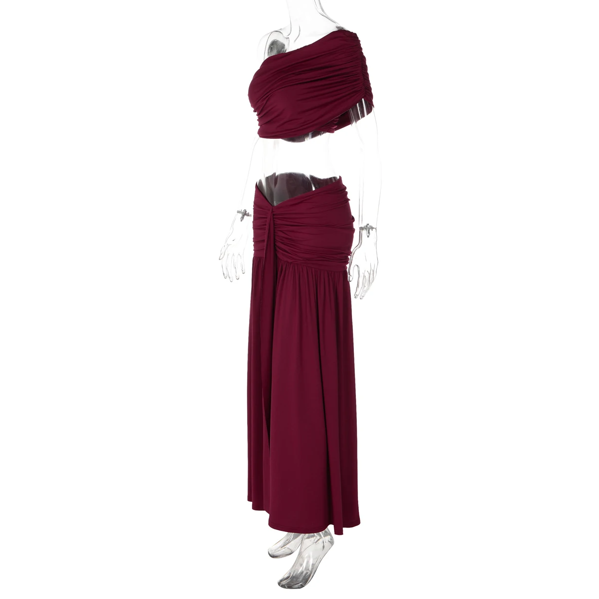 Hugcitar Modische geraffte 2-teilige Sets mit schrägem Kragen, sexy Crop-Tank-Top, Patchwork, plissierter Maxirock, weibliche Strand- und Urlaubsoutfits – Detail 3