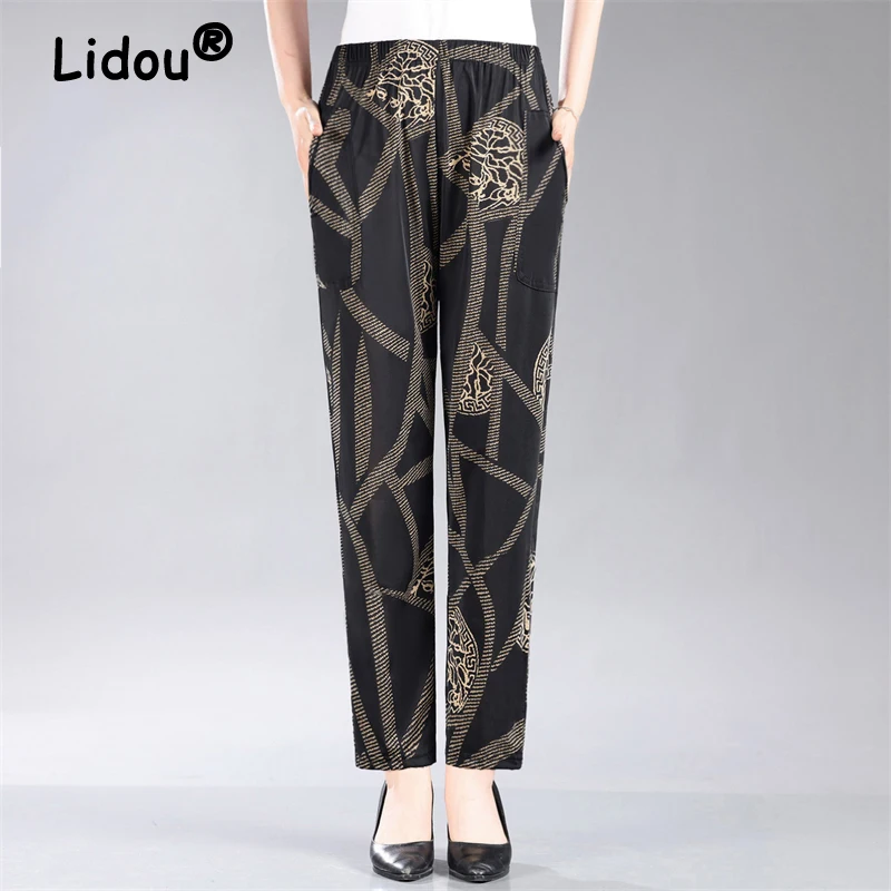 

Middle-aged and Elderly Women Fashion Vintage Print Ankle Length Pants Summer Casual High Waist Pocket Trousers Loose Pantalones