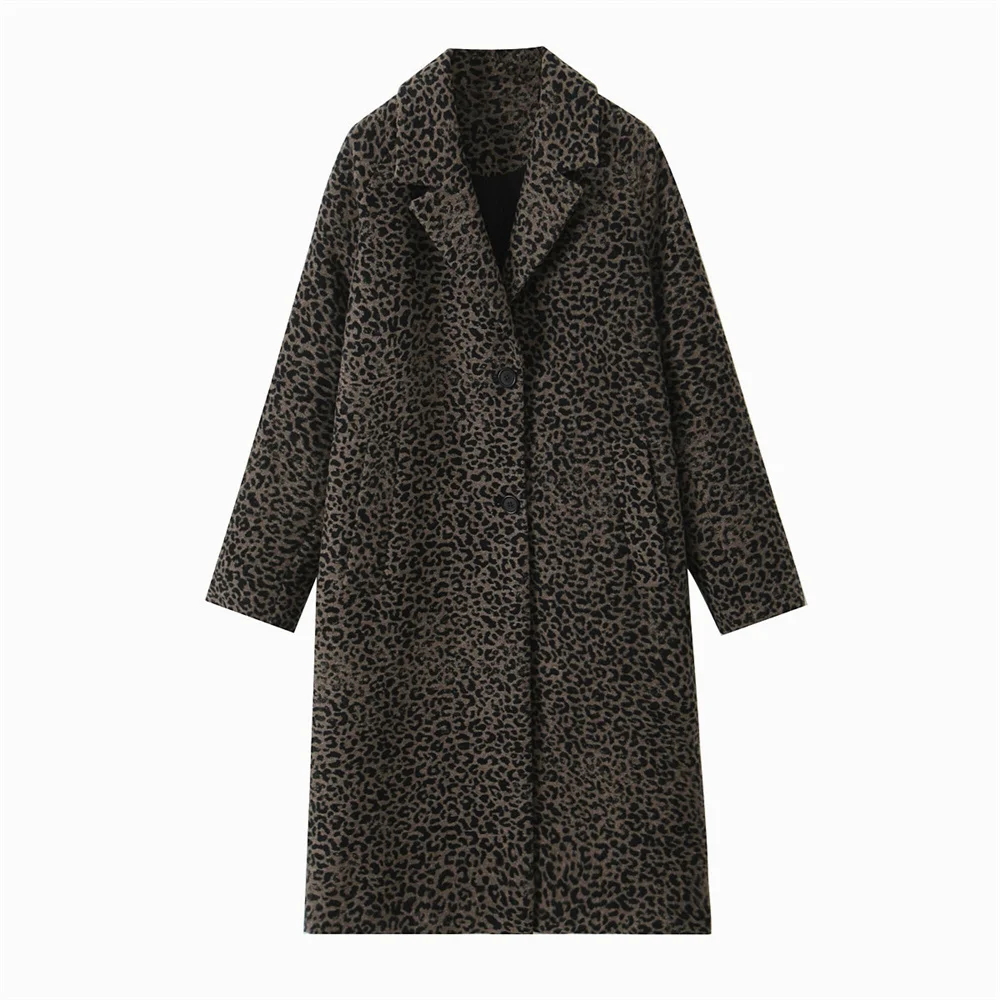

Zach Ailsa Autumn New Women's Fashion Versatile Single breasted Long sleeved Collar Blended Animal Pattern Coat Woolen Coat