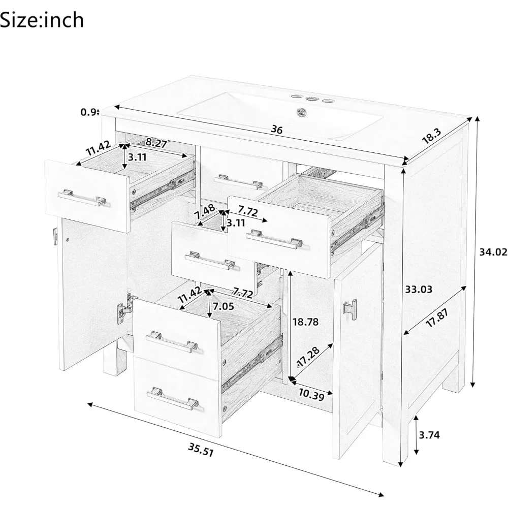 36" Bathroom Vanities with Single Sink Set, Bathroom Storage Cabinet with 4 Drawers and 2 Soft Closing Doors, Solid Wood Frame B
