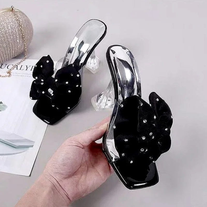 Luxury Crystal High Heels Women Slippers Summer 2022 Slides for Women Fashion Fine-heeled Open-toed Big Flowers Slippers Woman