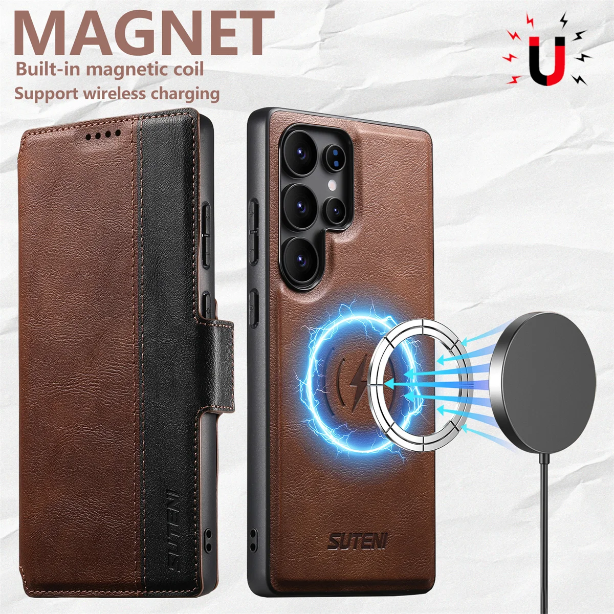 

SUTENI Luxury 2 in 1 Detachable Magsafe Leather Case for Galaxy S26 Ultra S25U S24U S23U Wireless Charging Book Folio Flip Cover