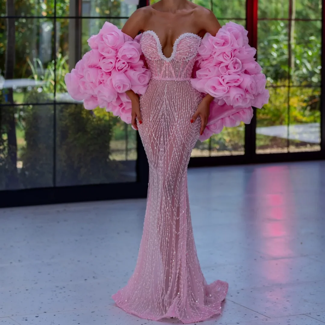 اللؤلؤ مزين حمالة قطع حفلة موسيقية فاخرة كوكتيل حزب فساتين السهرة الوهم الوردي الترتر فستان طويل