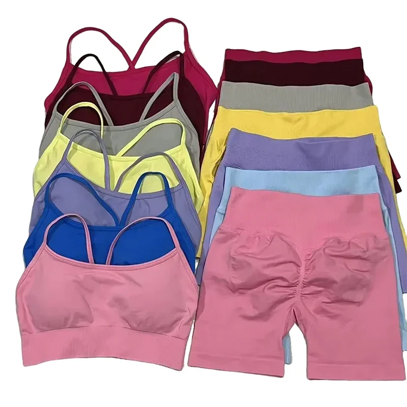 New Seamless Shorts Sets Shockproof Sexy Backless Bra High Waist Leggings Breathable Women's Tight Fitting Sports Gym Suits