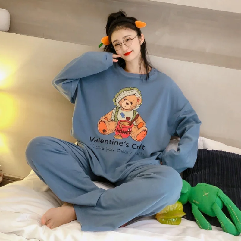 Pyjama ample pour femmes, ensemble de vêtements de maison avec petite tête d'ours, vêtements de maison, manches longues, pantalon Long, nouvelle collection printemps et automne