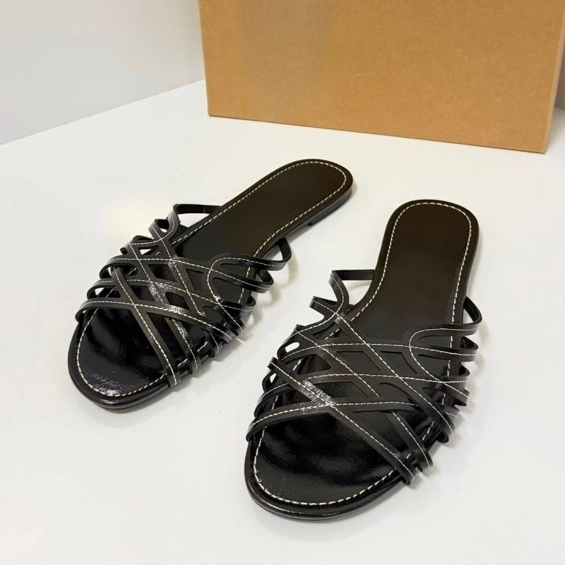 Women Thin Strap Woven Sandals 2026 Summer New Trendy Flat Slides Open Toe Soft Leather Slippers Beach Outdoor Casual Shoes