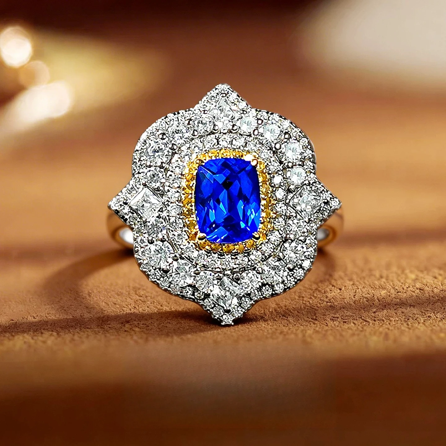 

S925 Silver Ring Double Color Full Set 6 * 8mm Fat Square Blue Zircon New Women's Jewelry