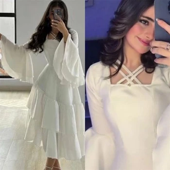 맞춤형 레이어드 구김 클럽 A라인 스퀘어넥 가운, 맞춤형 저지, 맞춤형 캐주얼 미디 드레스