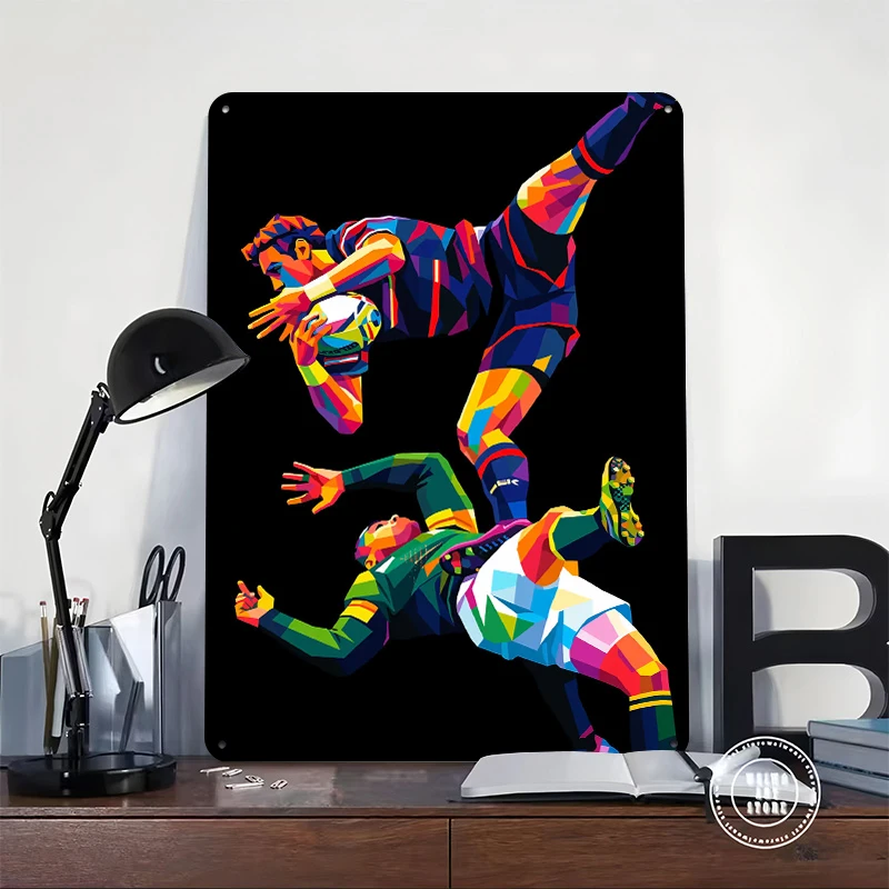 Rugby Players in Dynamic Pop Art Style Metal Poster Customized Wall Art Retro Vintage Metal Signs for Man Cave Home Decor Items