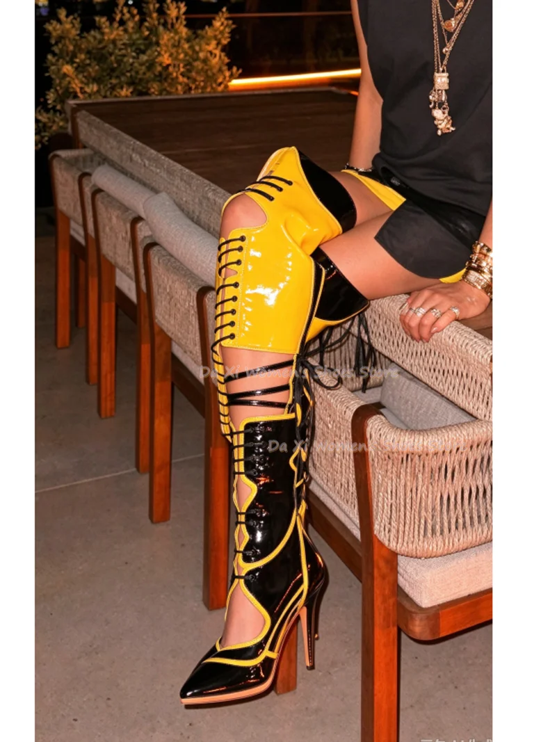 Black And Yellow Color-Blocking Patent Leather Tall Boots Pointed Tip Lace-Up Stiletto Heels Side Aerial Design Women's Boots
