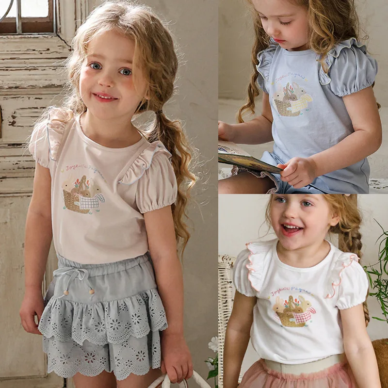 Girls' T-Shirt 2026 Summer New Arrival: Cute Strawberry Print Short-Sleeve Top with Puff Sleeves, Cotton Cartoon Pink T-Shirt