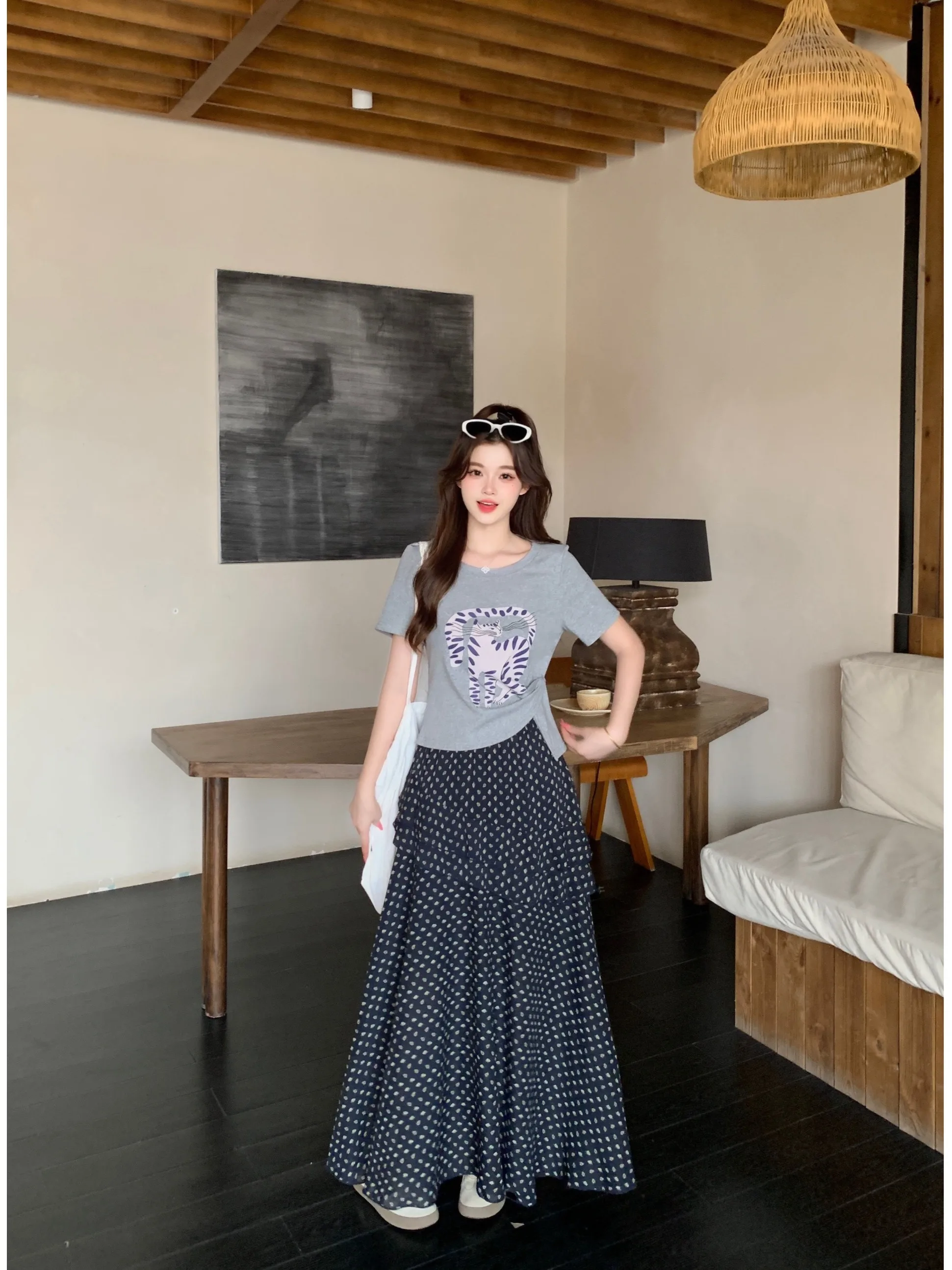 

plus Size Summer Print Asymmetrical Short Sleeve Top And Half Skirt Two Piece Set for Women with Flounce Hem Korean Style Cas...