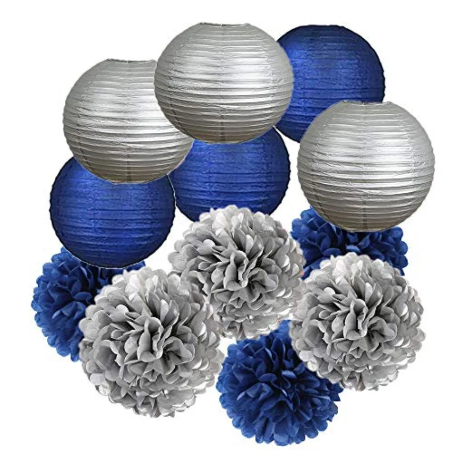 12PCS Navy Blue Silver Party Decoration Tissue Pom Poms Paper Lanterns Boys Birthday Party Set, Boy Baby Shower Father Day Bach