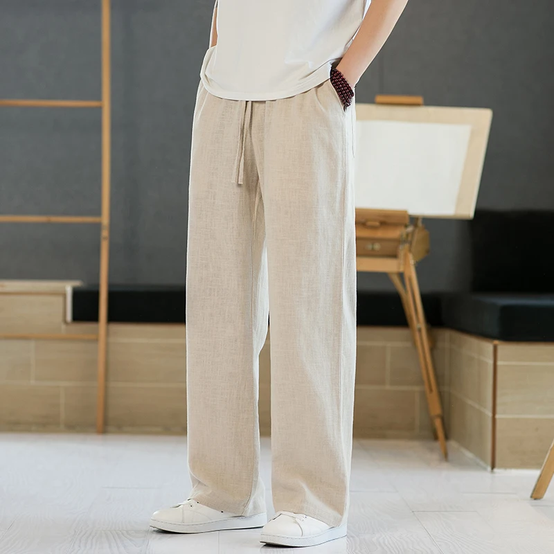 

High-End Pure Color Linen Men's Summer Loose Straight Wide Leg Casual Pants Cotton Linen Drapey Floor-Length Trousers