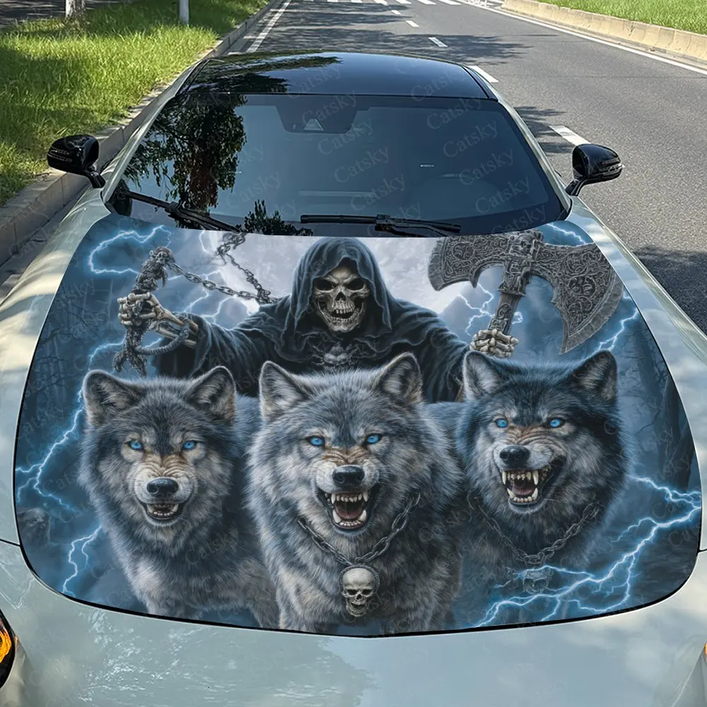 Death And The Wolf Pack Car Hood Sticker, Premium Vinyl Sticker For Automotive Exterior Customization, Durable PVC Vinyl Wrap