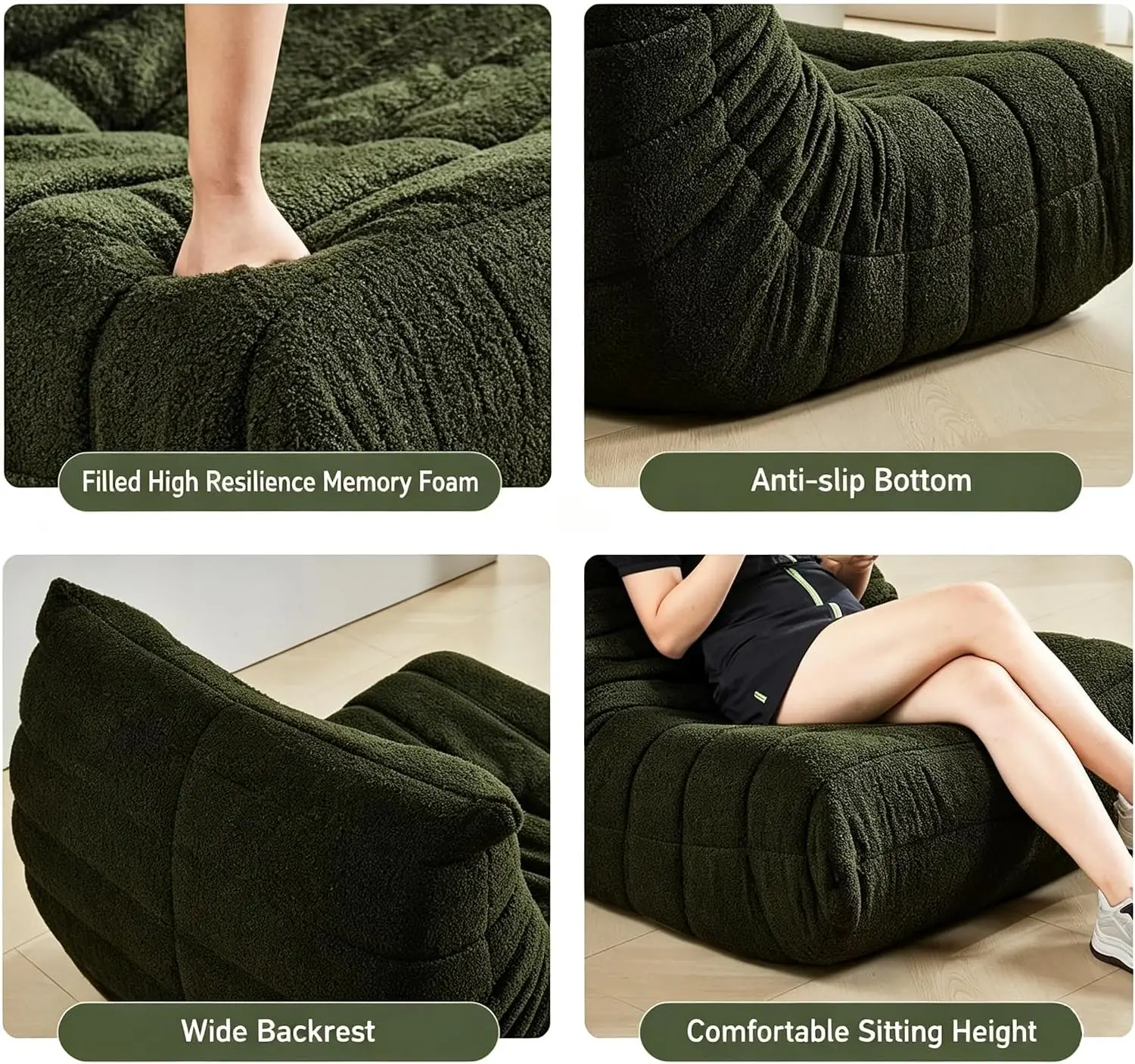 Ergonomic Bean Bag Chair, Memory Foam Floor Lounger Sofa, Living Room Bedroom Recliner, High Density Foam Non Slip Teddy Velvet Single Couch, Modern Cozy Style, Green, 1 Piece
