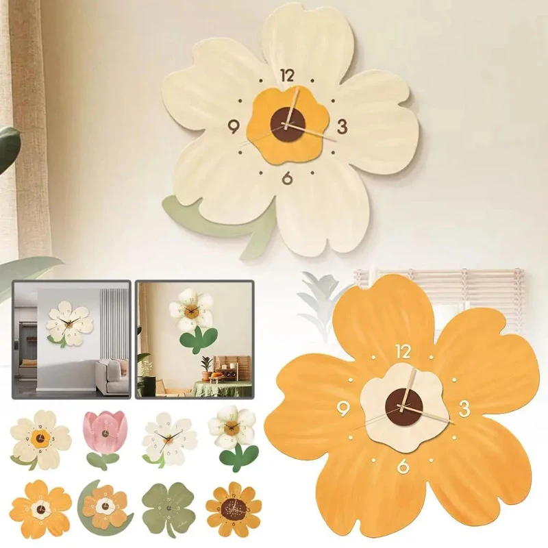 Cute Flowers Plants Wall Clock With Light Creative Cartoon Decoration Hanging Mute Clock Home Living Room Wall Artistic Ornament