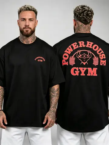 Powerhouse Gym Double Sided Print Men T-shirt High Street Fashion Trend Short Sleeve T Shirts Men Casual Loose Cotton T-shirts
