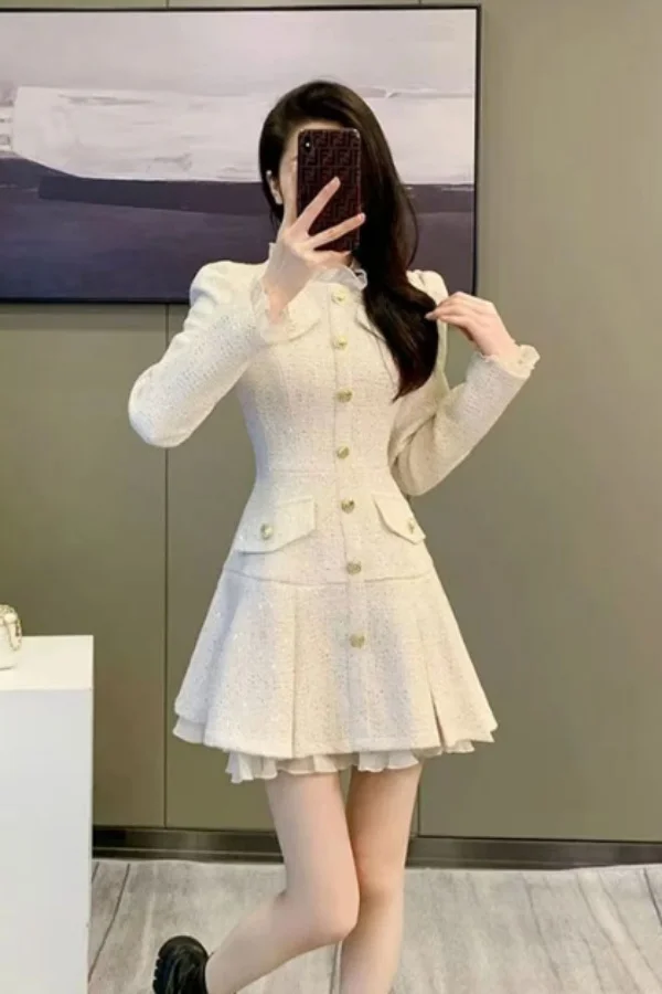 

2025 New French Style Women's Long Sleeve Pleated Dress Stand Collar Elegant Luxury Rich Girl Mini Dresses Fall Winter Outfit