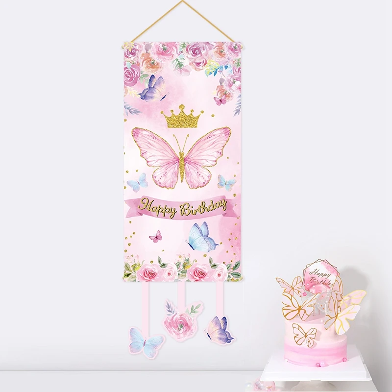 Butterfly Hanging Banner Flag Butterfly Theme Birthday Party Decoration Kids Baby Shower Girl 1st Birthday Party Supplies