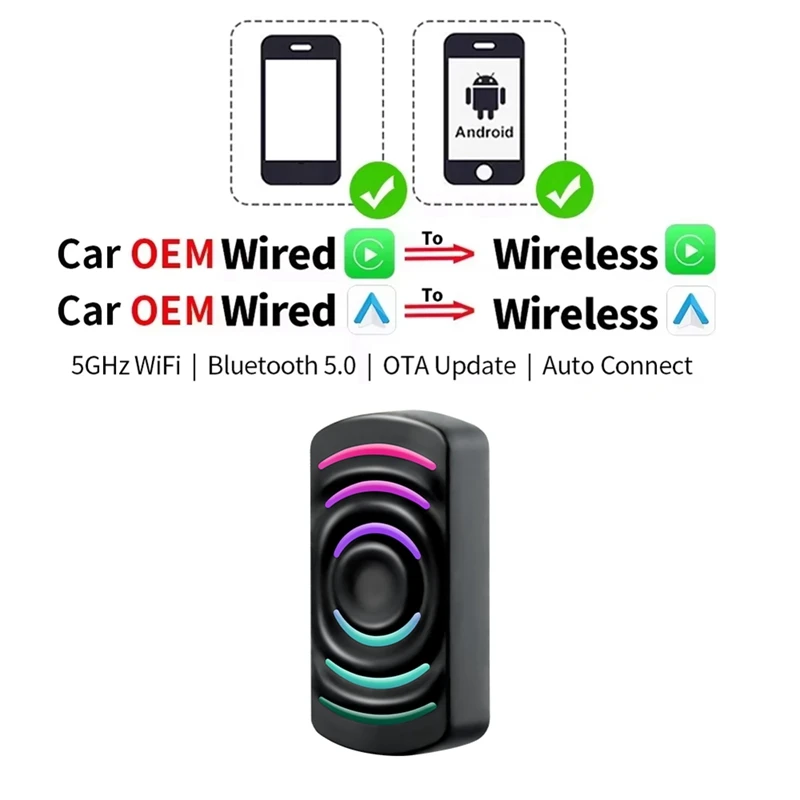 محول Android Auto Carplay سلكي إلى صندوق AI الذكي اللاسلكي مع ضوء RGB للسيارة مع Carplay السلكي