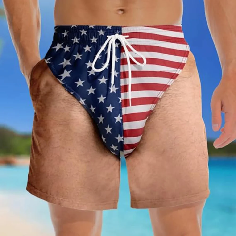 2026 Summer New Style Best-selling Fun Men's 3D Fake Thigh Flag Loose Fit Shorts, Novel and Fashionable Beach Shorts