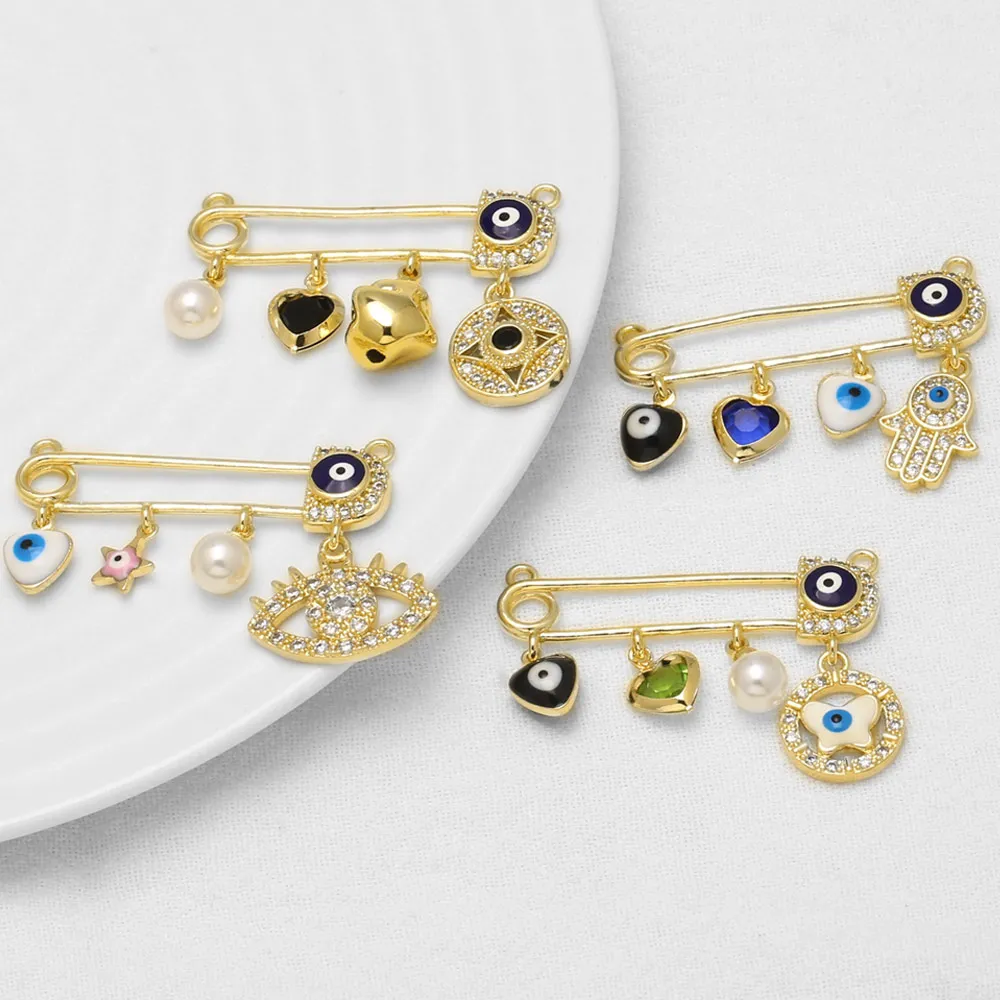 OCESRIO Evil Eye Safety Pin Brooch Brass White Crystal Hamsa Hand Heart Charm Brooches DIY Jewelry Making Components pdtc034