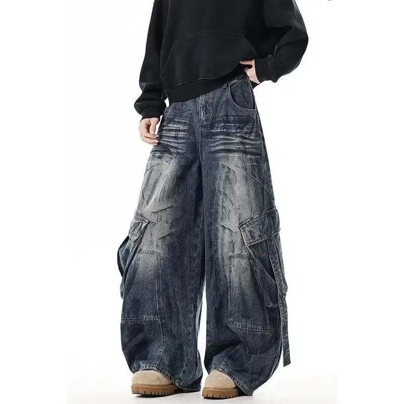 Women Cargo Black Harajuku Blue Jeans Y2K Wide Leg Baggy Punk Denim Trouser Vintage 2000s Aesthetic Emo Loose Washed Pant
