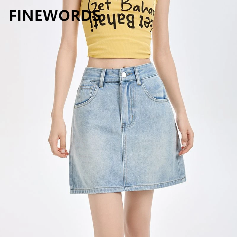 FINEWORDS Casual High Waist Denim Skirt Women Embroidery Harajuku Vintage Korean Skirt Inner Lining Streetwear Straight Skirt